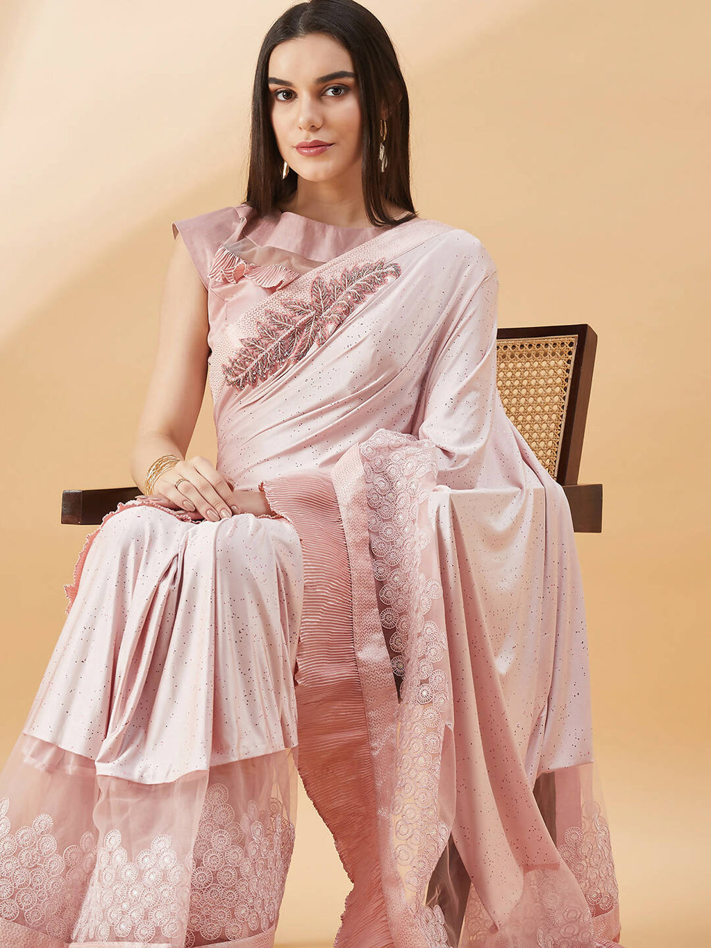 Pink Lycra Frill Details, Hand Embroidered Brooch Saree - Norita Hit Design