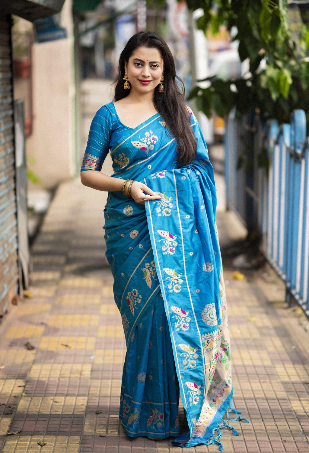 Blue Pure Silk Woven Design Saree with Unstitched Blouse - Hiral Fashion