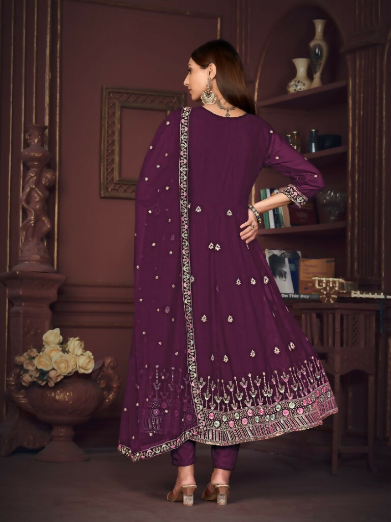 Jyoti Fashion Women's Purple Georgette Embroidered Anarkali Kurta Pant Set With Dupatta