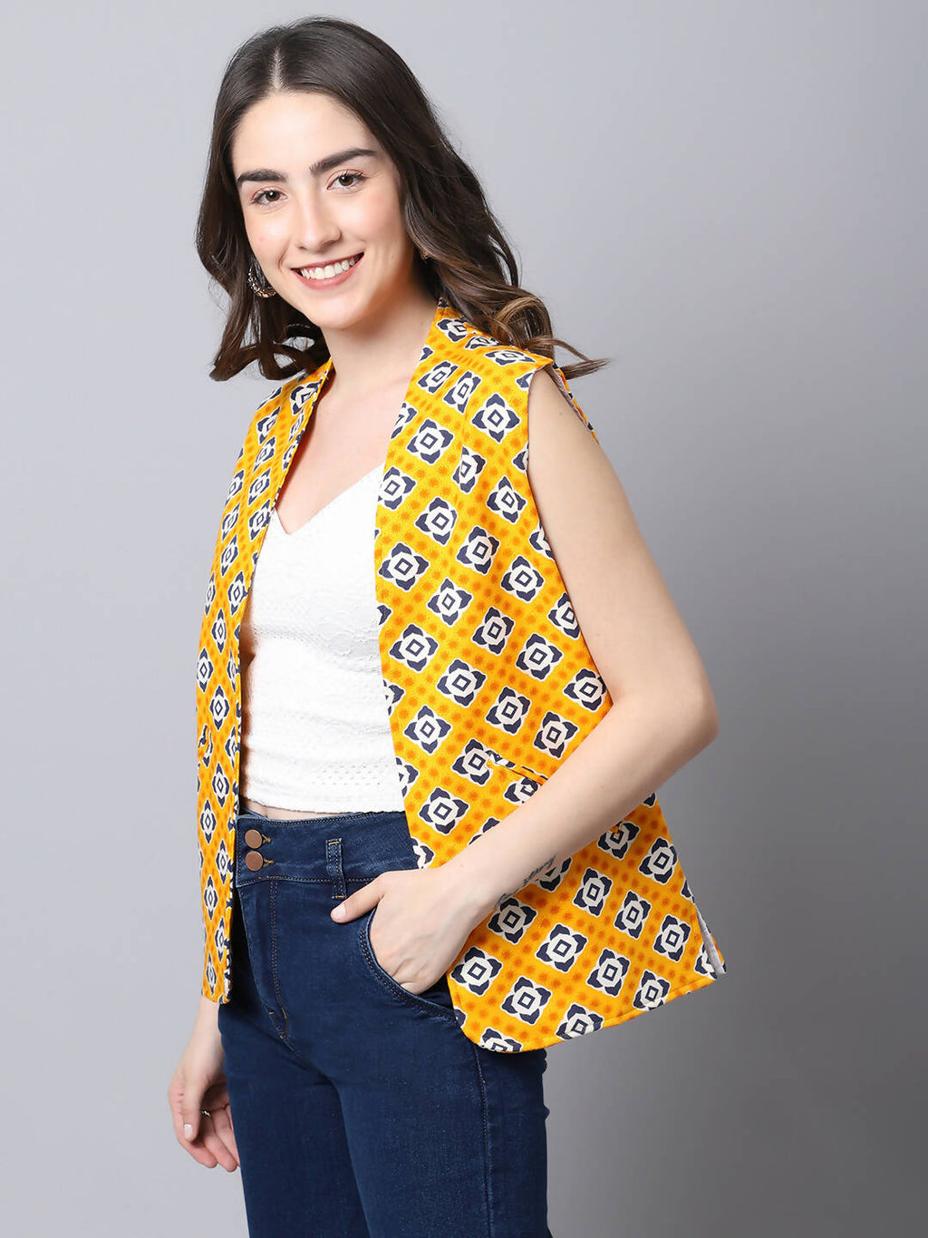 Even Apparels Yellow Viscose Rayon Open Front Women's Waistcoat