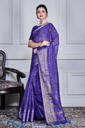 Morchari Dark Blue Script Printed Orzanga Saree Unstitched Blouse