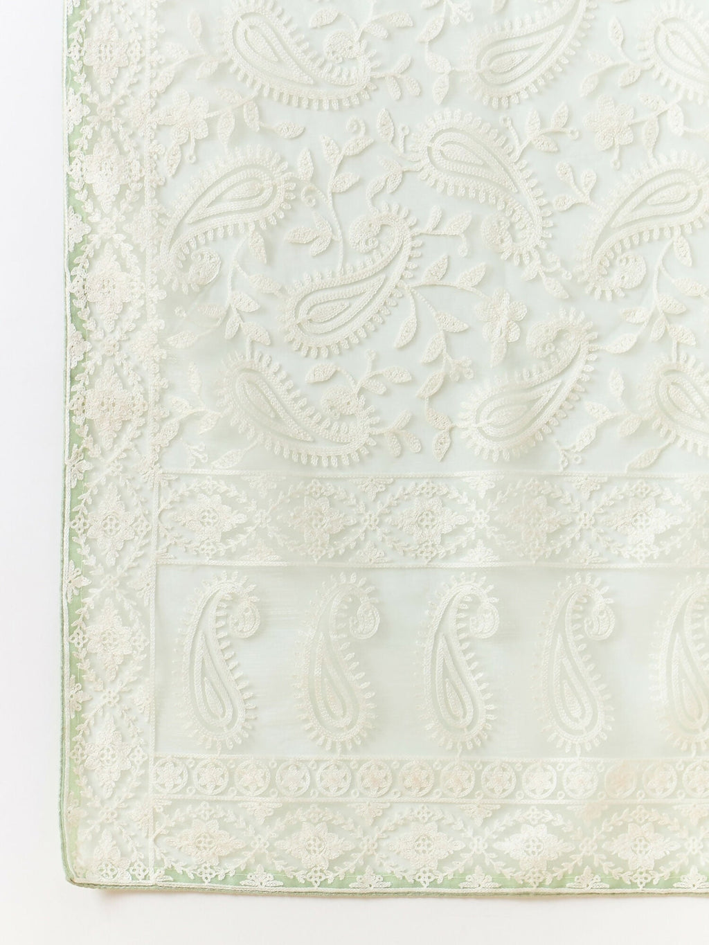 Green Organza Paisely Embroidered Saree with Unstitched Blouse Piece - Roozal
