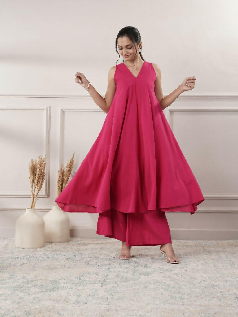 Joban Fashion Women's Fuchsia Cotton A-Line Midi Dress With Pants