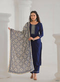 Festive Ethnic Viscose Chanderi Blue Stitched Suit With Dupatta - Rashmika