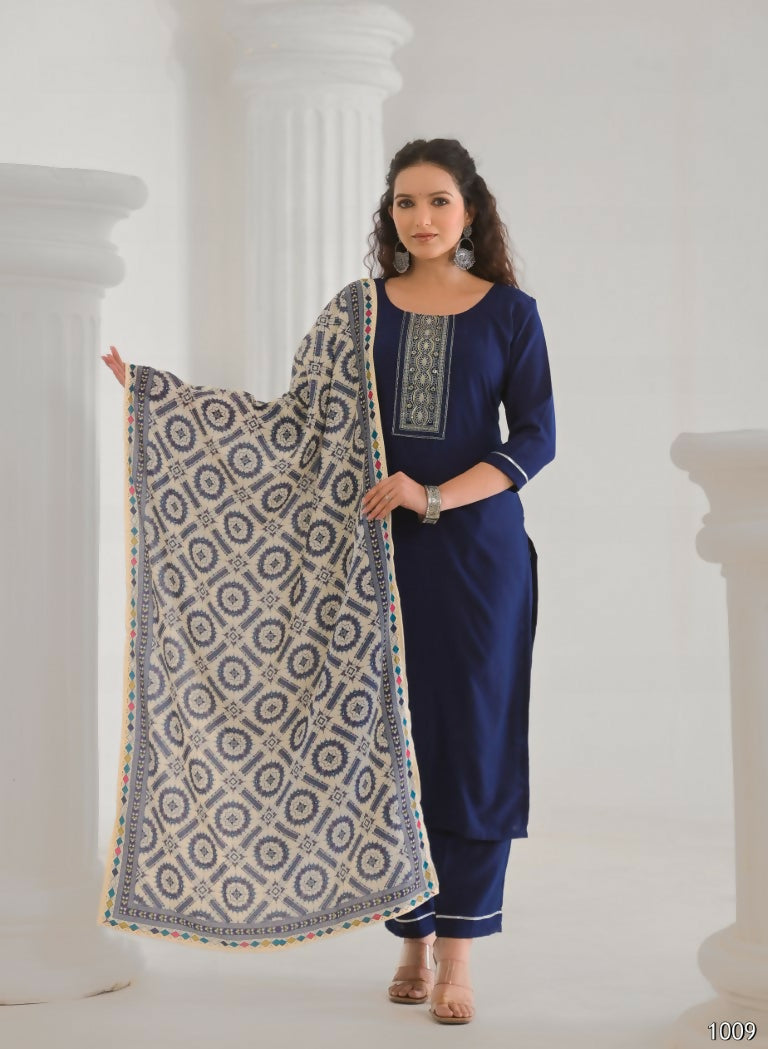 Festive Ethnic Viscose Chanderi Blue Stitched Suit With Dupatta - Rashmika