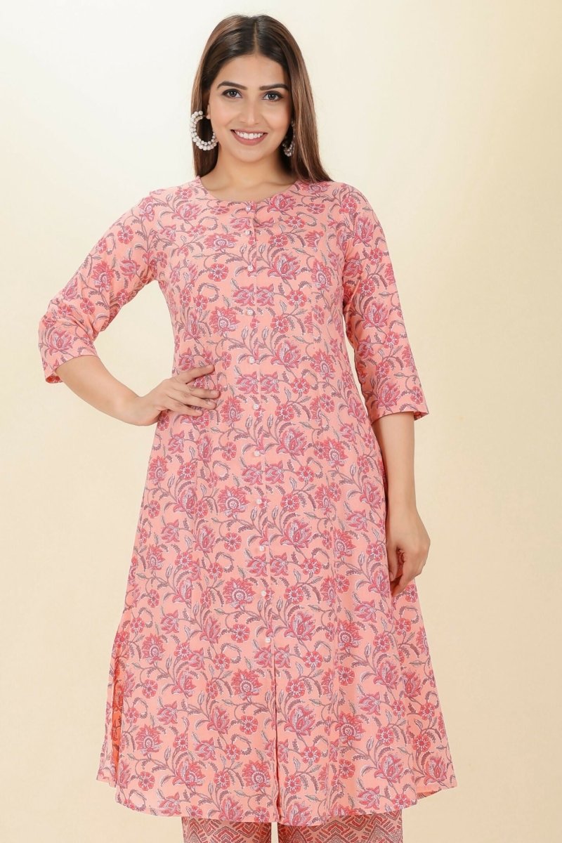 Aramya Pink Soft Cotton Floral A-line Kurta for Women