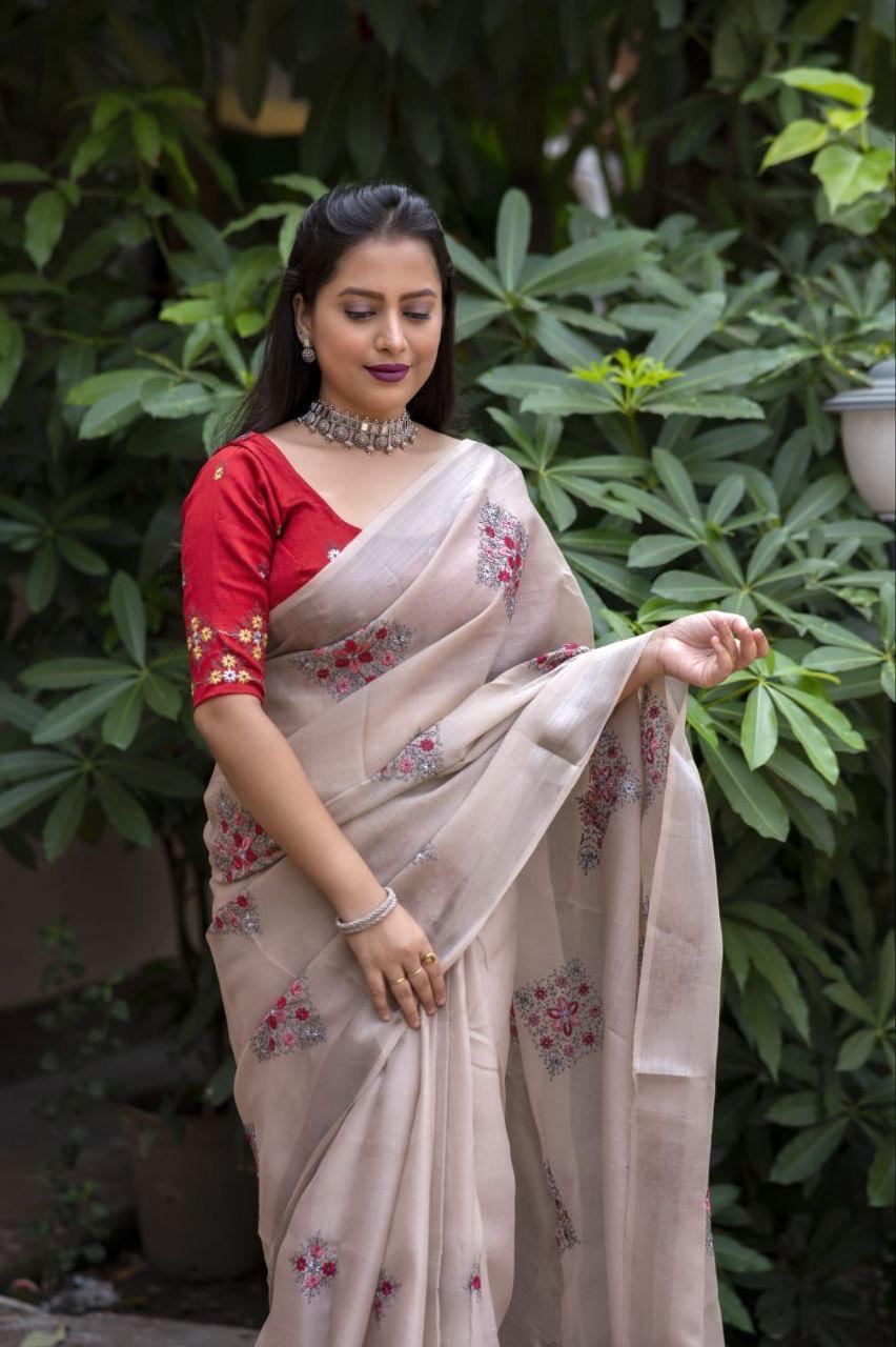 Fossil Pure Linen Ethnic Motifs Saree with Unstitched Blouse - Hiral Fashion