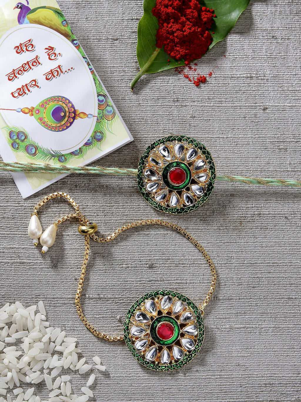 NVR Women & Men Set of 2 Gold Kundan-Studded Handcrafted Wraparound Rakhi Set With Roli Chawal & Chocolate