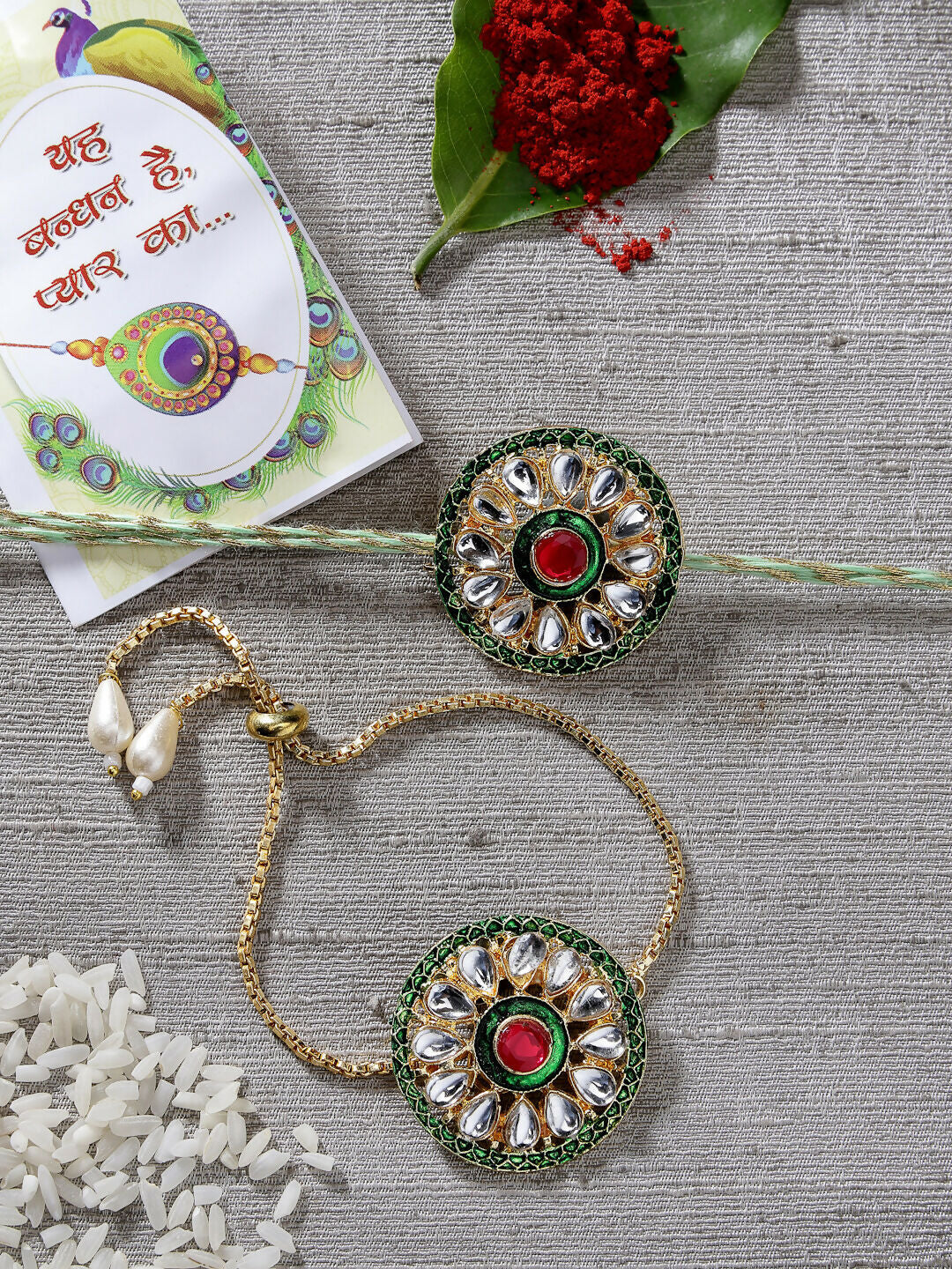NVR Women & Men Set of 2 Gold Kundan-Studded Handcrafted Wraparound Rakhi Set With Roli Chawal & Chocolate