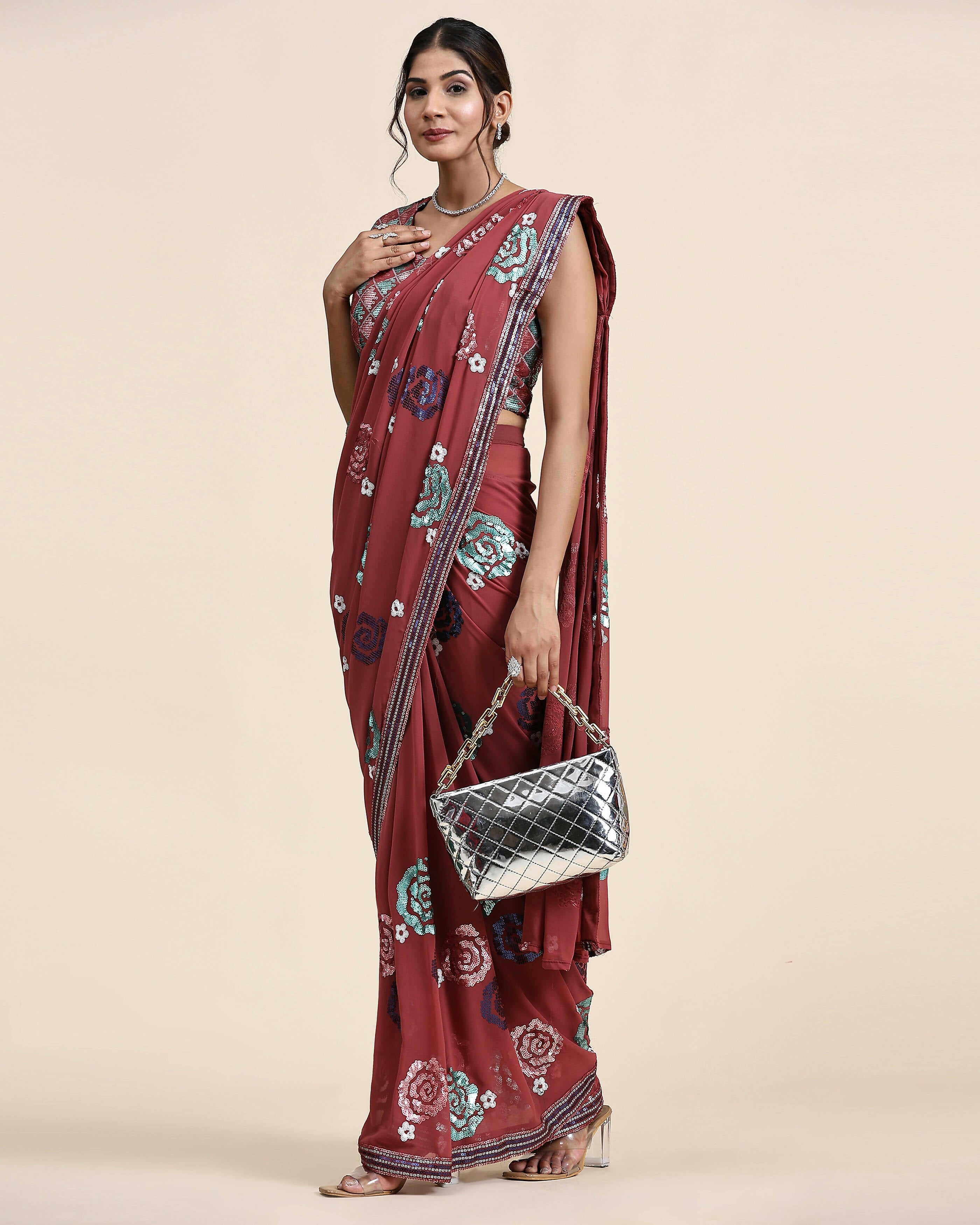 Peach Pure Georgette Sequence work Ready to wear Saree with stitched Blouse - Nirvana