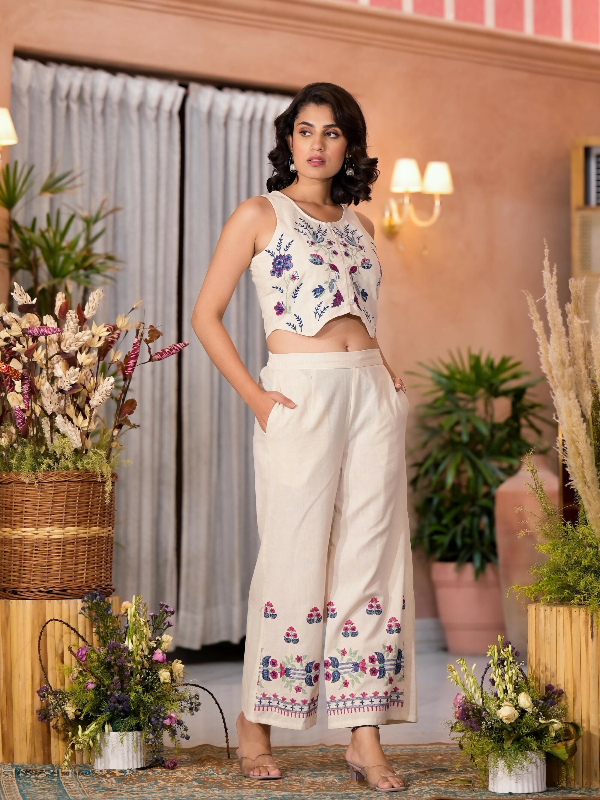 Juniper Women's Natural Thread Embroidered Cotton Top & Palazzo Co-Ord Set With Button Closure