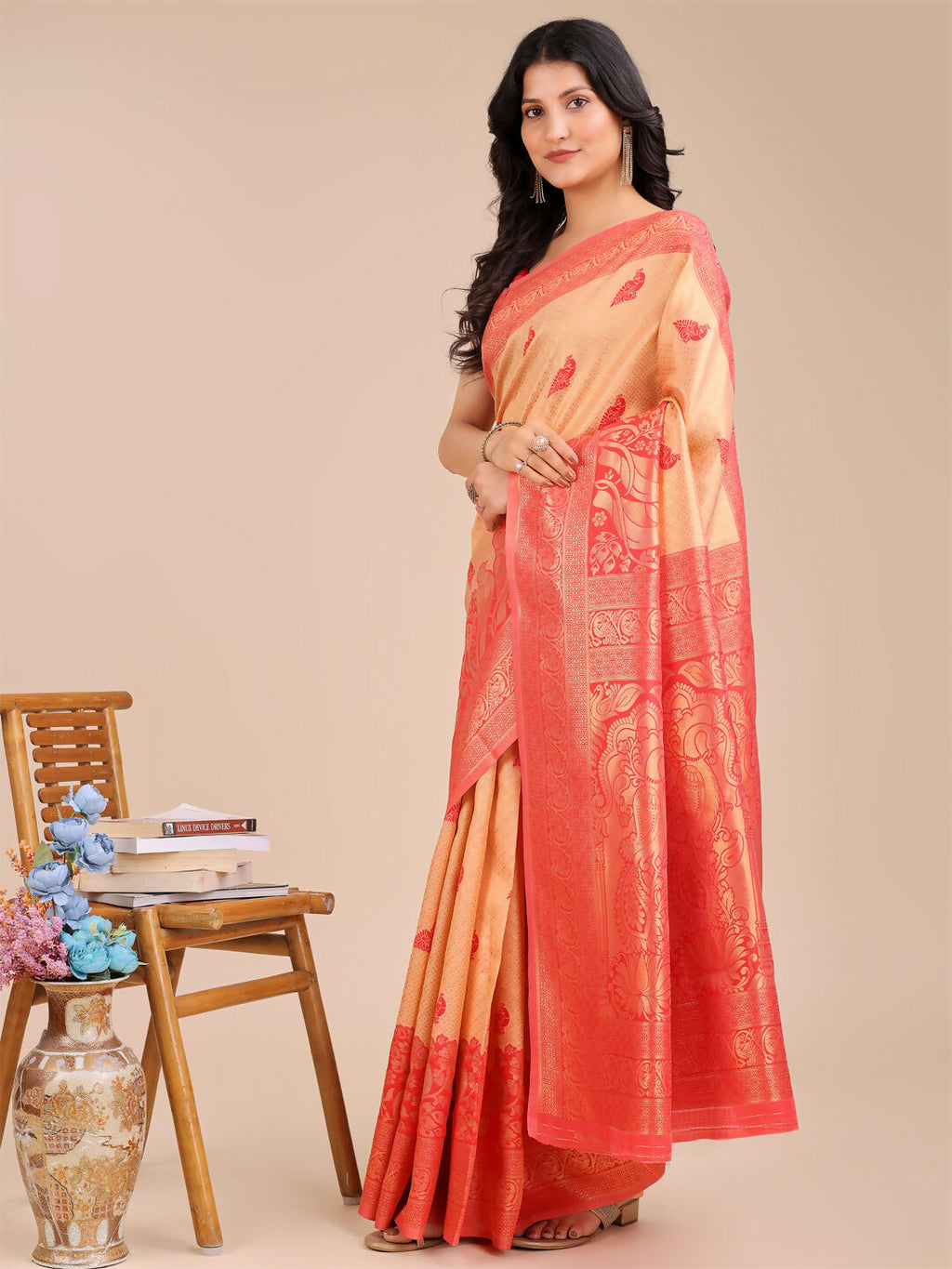 Shree Shyam Fashion Banarasi Silk Cream & Red Saree