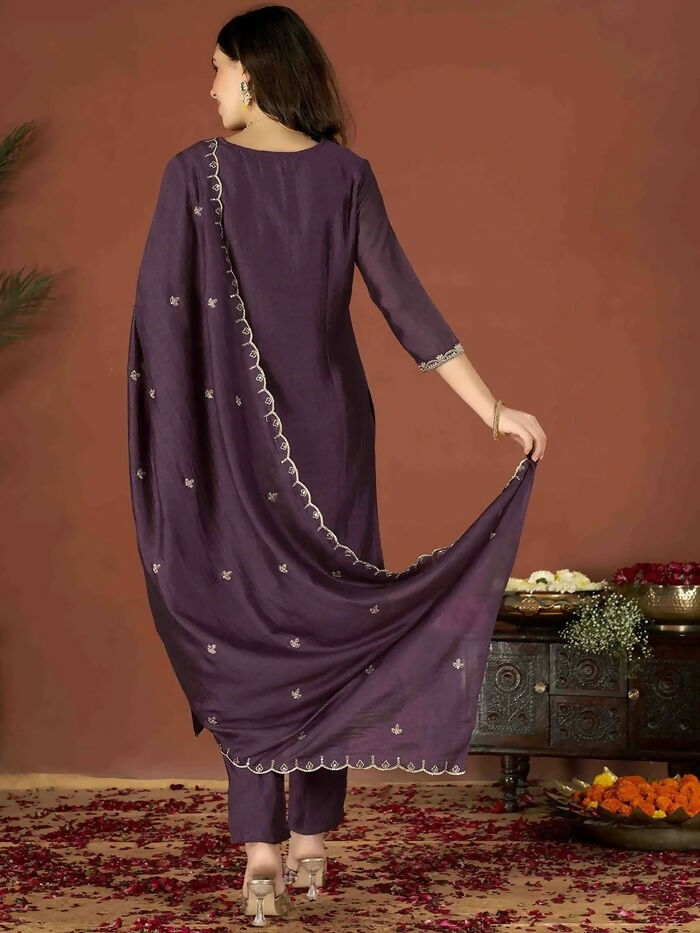 The52 Wine Women's Gorgeous Vichitra Fabric Embroidered Work Straight Kurta Pant and Dupatta Set