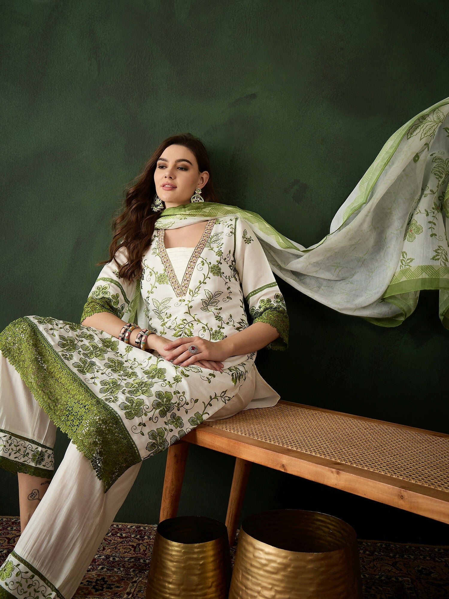 Green & White Roman Silk Embroidered Kurta With Trouser & Dupatta - Bhumi