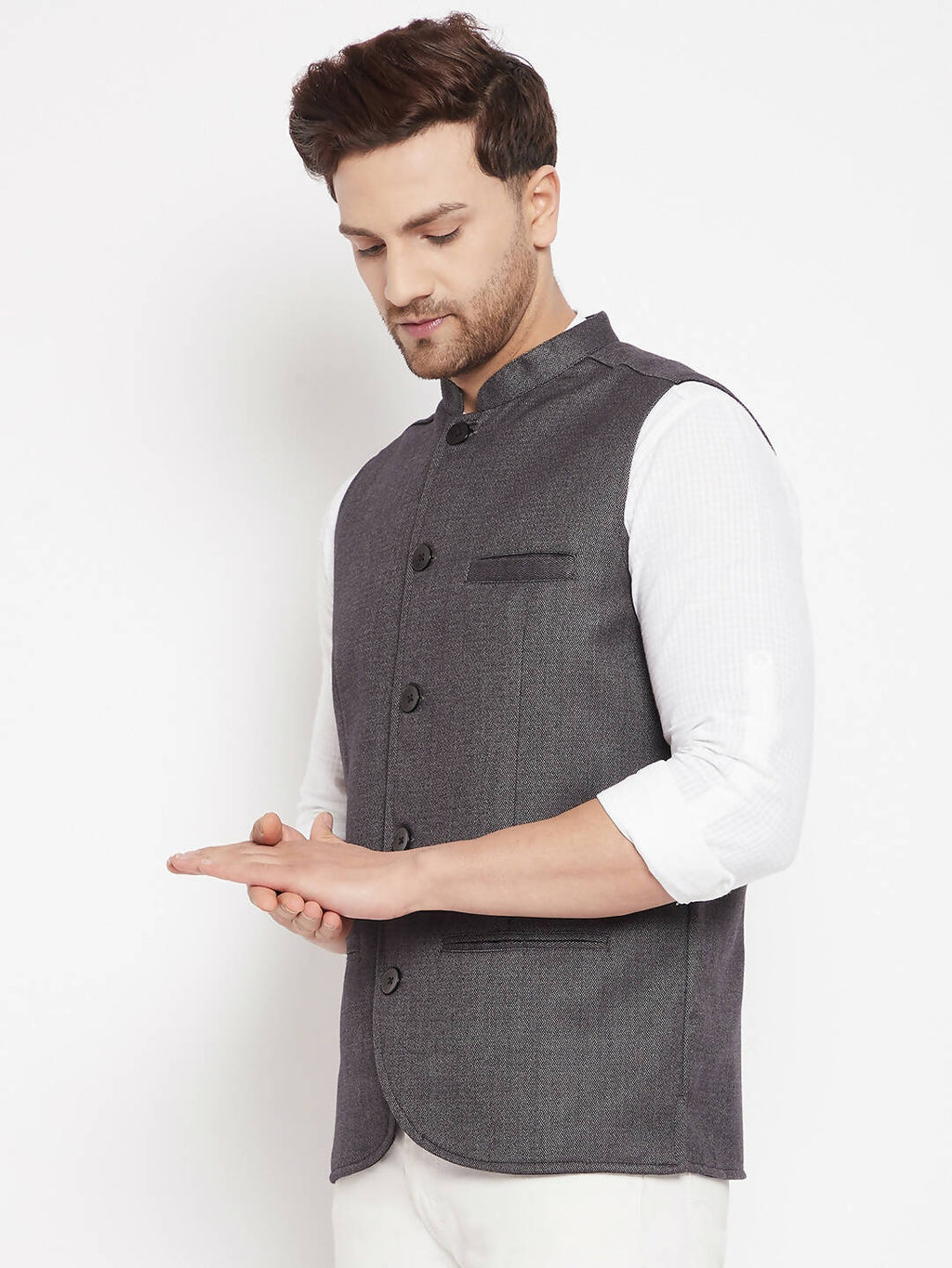 Even Apparels Grey Merino Men Woven Nehru Jacket PW685