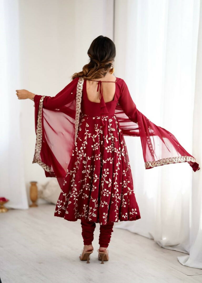 Teeya Creation Maroon Color Heavy Faux Georgette Embroidery Work Gown