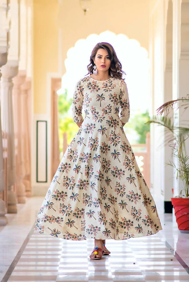 Partywear Designer Cream Pure Maslin Gown - Anbazaar