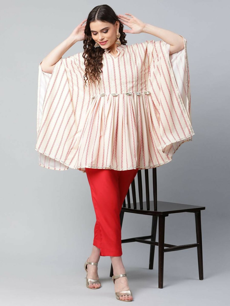 Ahalyaa Womens Off White Crepe Printed Kaftan Pant Set