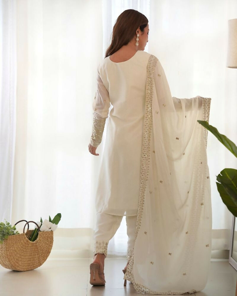 Joban Fashion White Kurta Set Silk Sequence Embroidery Work