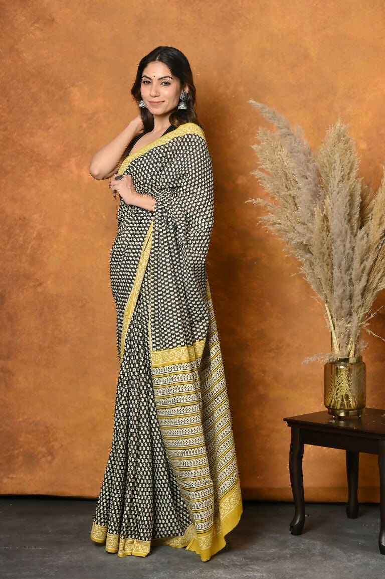Very Much Indian Handblock Printed Cotton Saree With Natural Dyes - Black & White