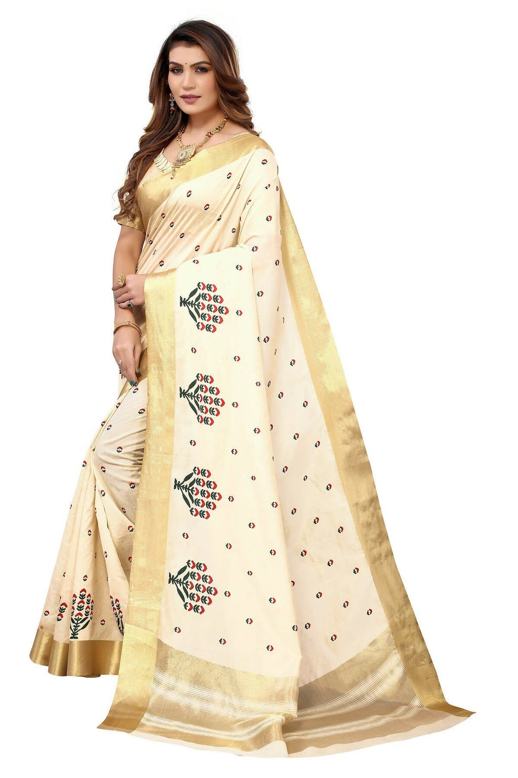 Vamika Cream Weaving Cotton Polyester Silk Saree