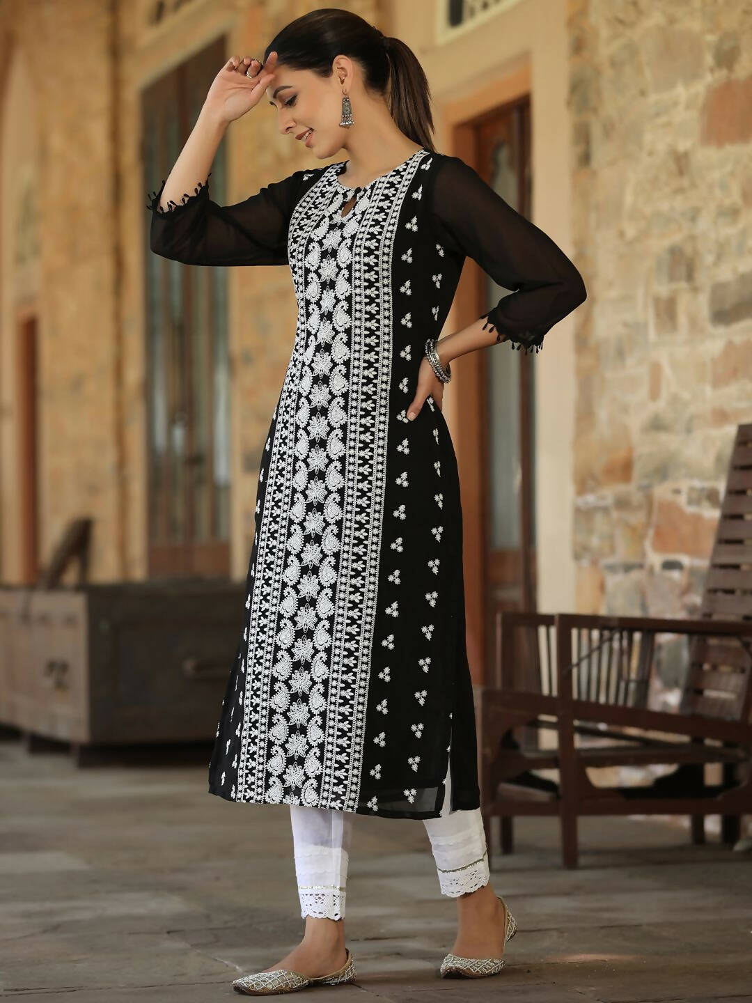 Juniper Women's Black Georgette Printed Kurta