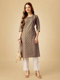 Jyoti Fashion Women's Khaki Cotton Blend Embroidered Kurta Pant Set