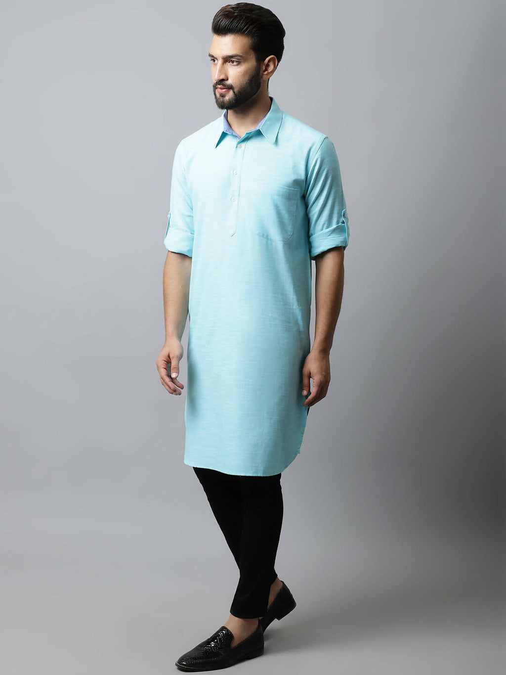 Even Apparels Blue Color Pure Cotton Solid Men's Kurta With Shirt Collar (SLD1132)