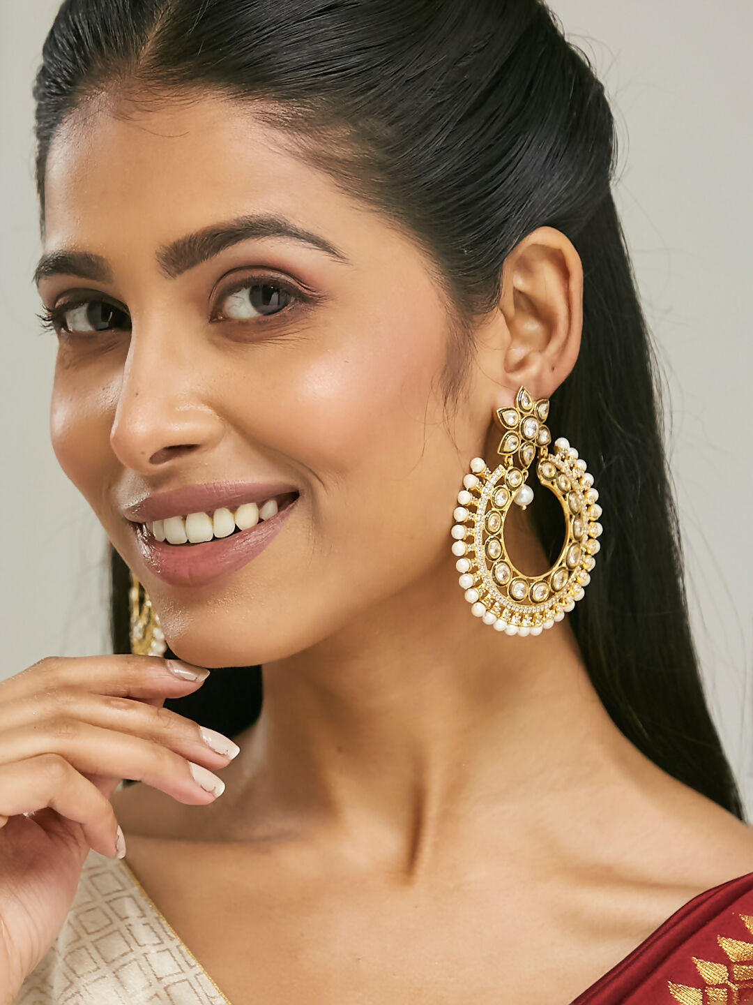 Nuyug 22K Gold-Plated Kundan Studded & Pearl Beaded Floral Chandbali Earrings