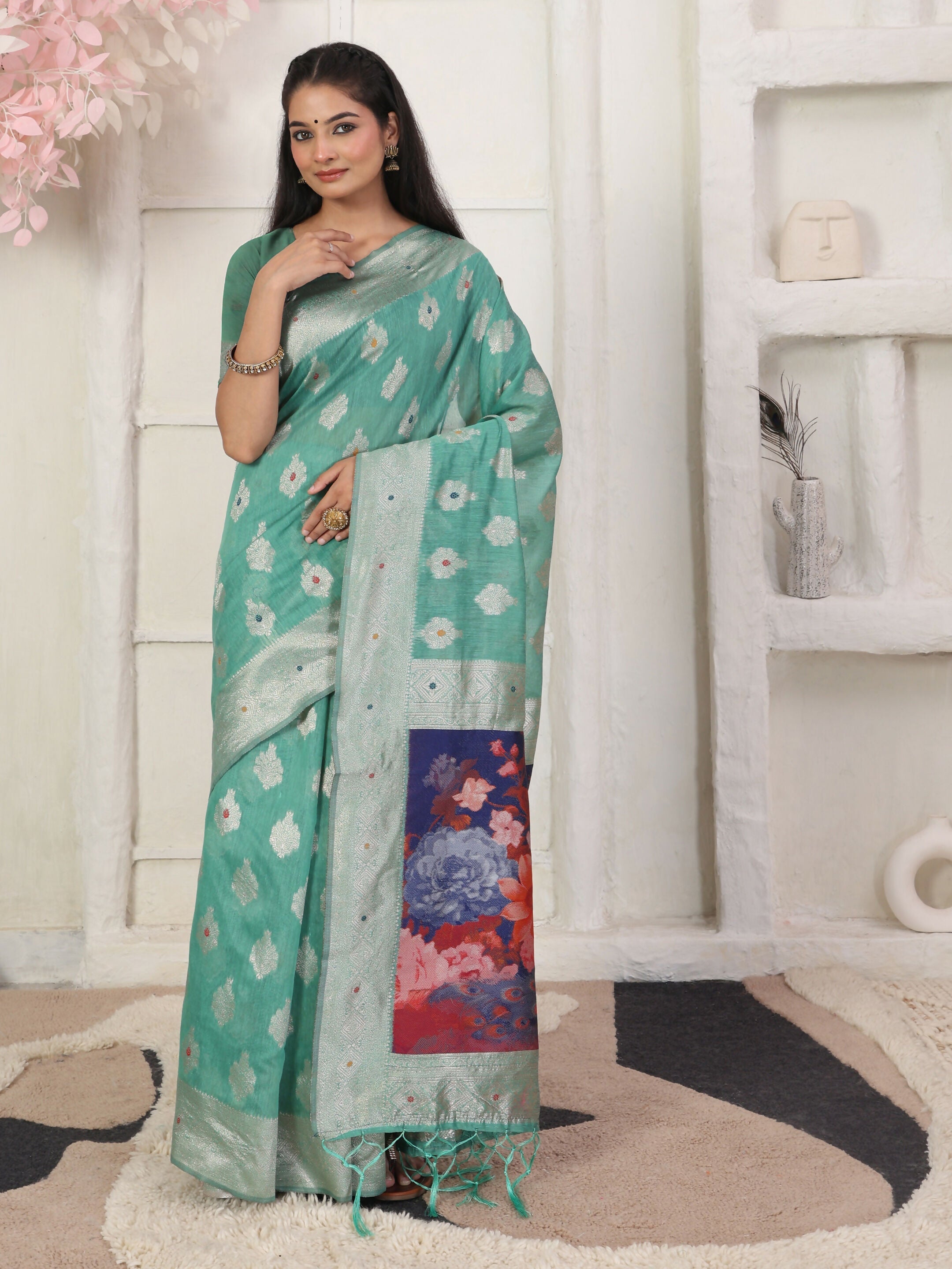 Shree Shyam Fashion Linen Cotton Rama Green Saree