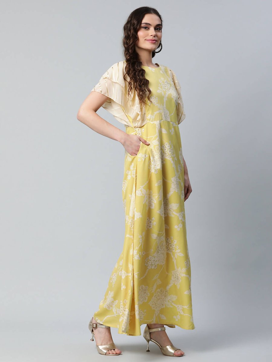 Ahalyaa Womens Lemon Yellow Crepe Floral Dress