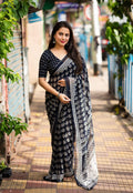 Navy Blue Poly Georgette Ajrak Saree with Unstitched Blouse - A2M
