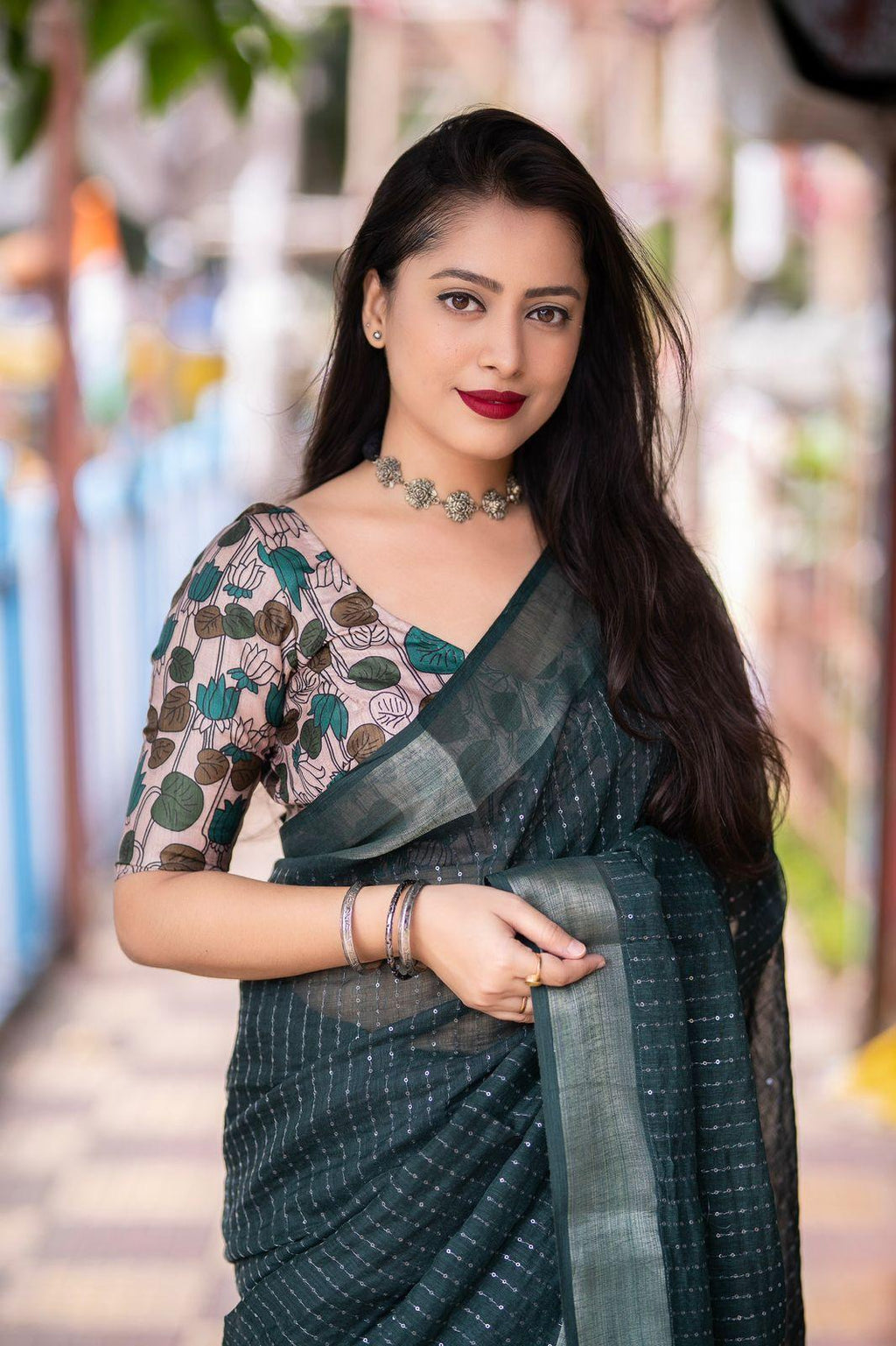 Green Linen Sequence Saree with Unstitched Blouse - Hiral Fashion