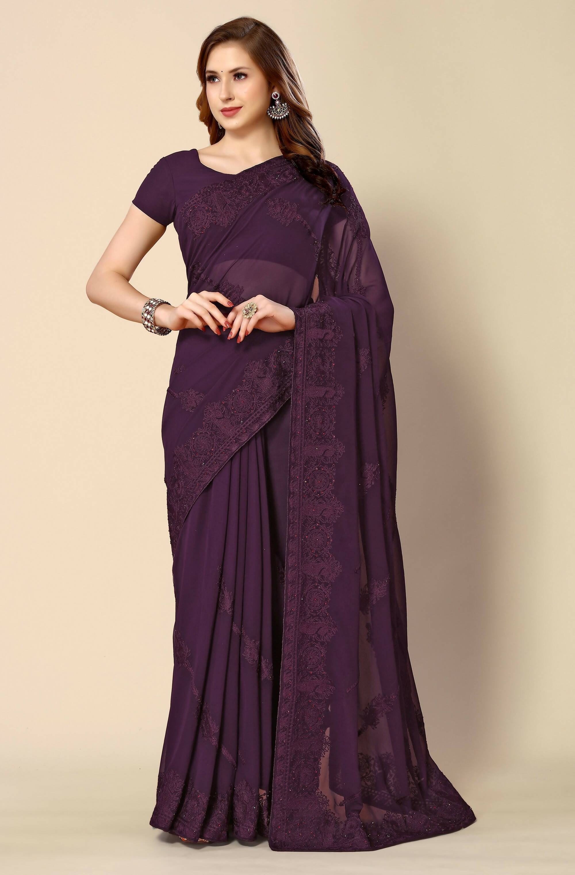 Purple Georgette Embroidered and Stone Work Saree with Unstitched Blouse Piece - Roozal