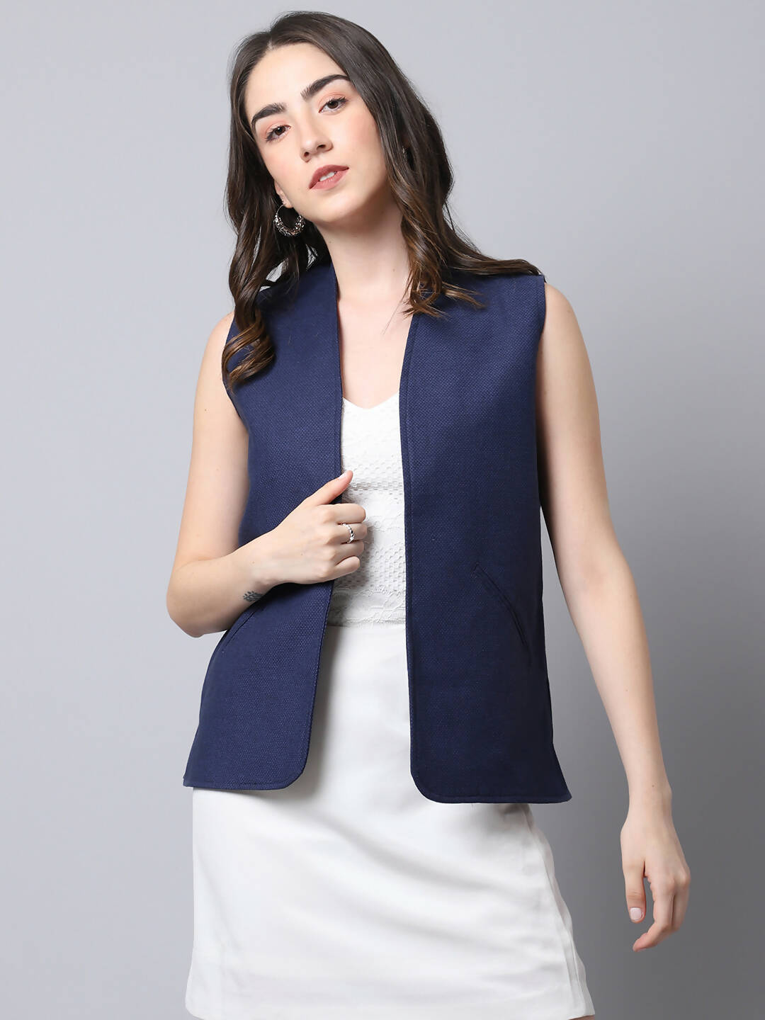 Even Apparels Navy Polywool Open Front Women's Waistcoat