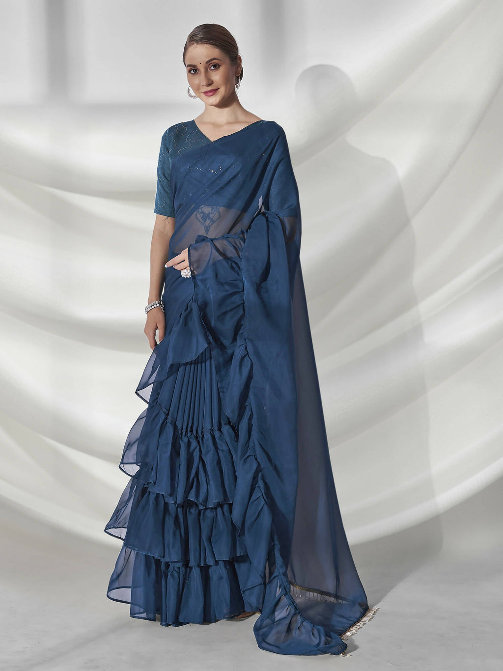 Teal Organza Solid Saree With Unstitched Blouse Piece - Shanaya