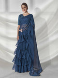 Teal Organza Solid Saree With Unstitched Blouse Piece - Shanaya