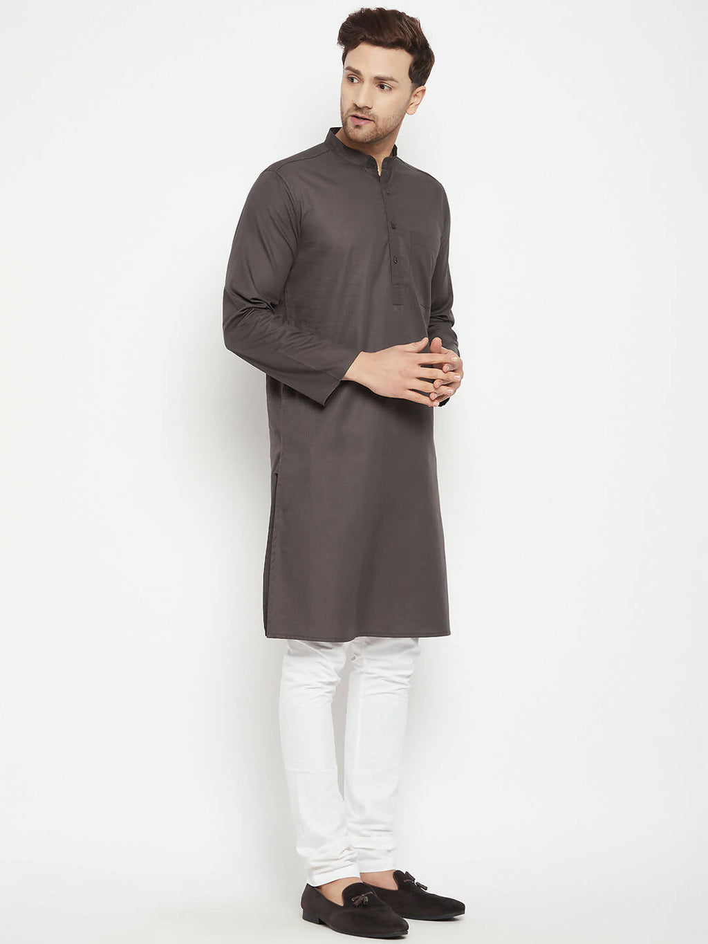 Even Apparels Brown Color Pure Cotton Long Men's Kurta With Band Collar