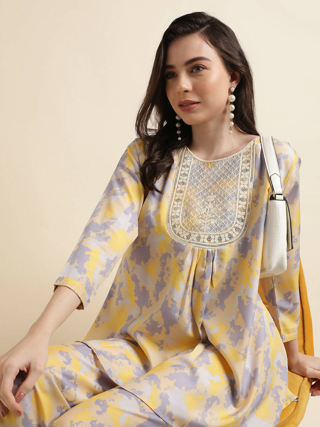 Yellow & Grey Poly Crepe Digital Printed Top with Matching Bottom - Preeti