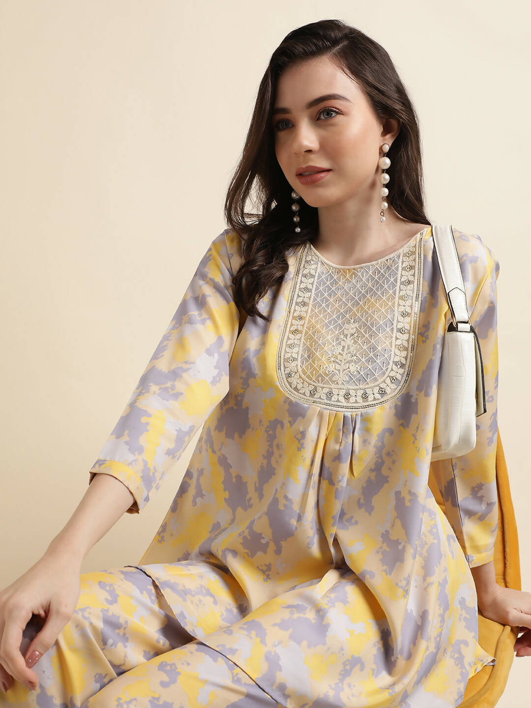 Yellow & Grey Poly Crepe Digital Printed Top with Matching Bottom - Preeti