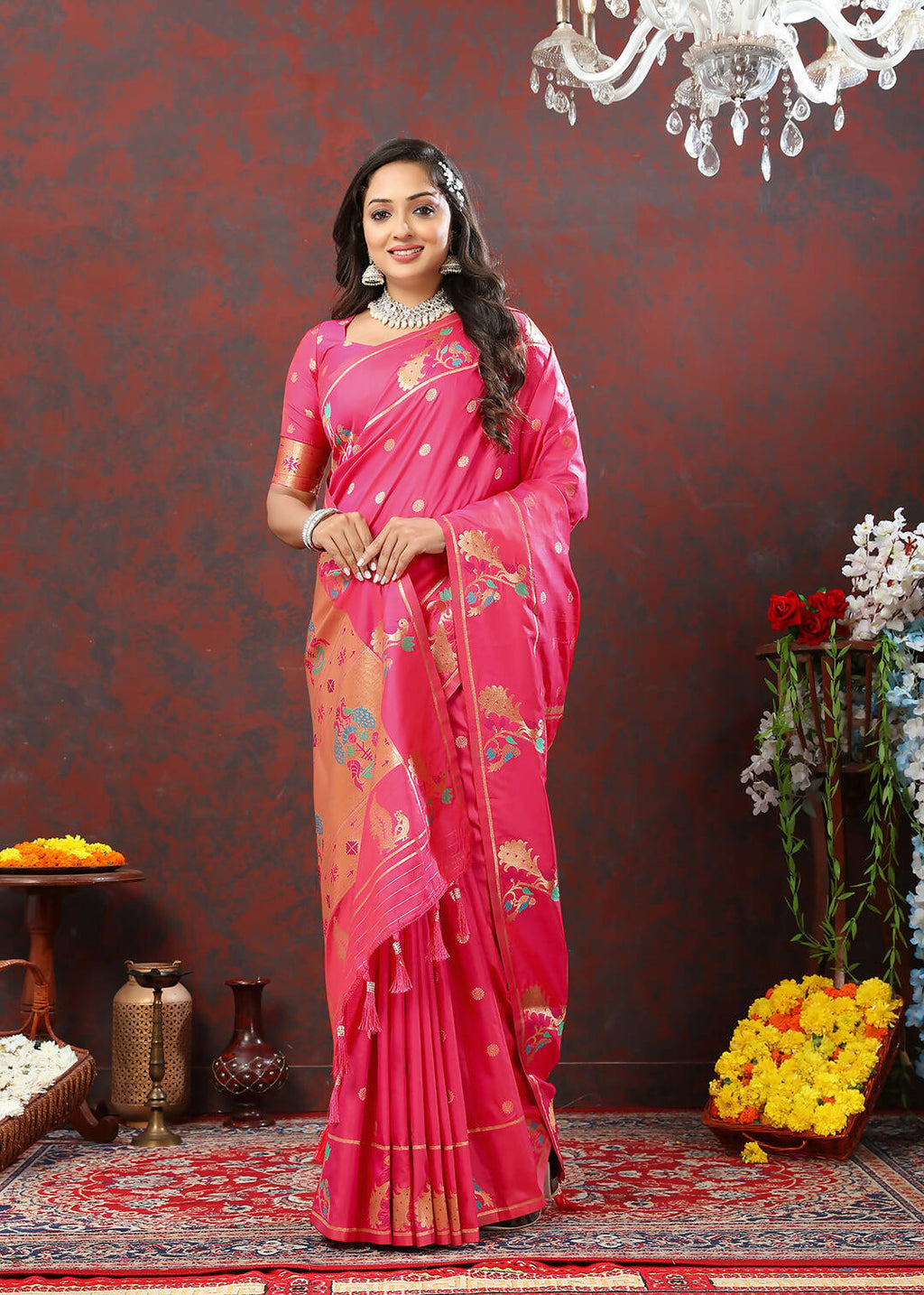 Lorenvalley Fashion Pink Soft Paithani Silk Woven Design Copper Zari Meenakari Weaving Saree