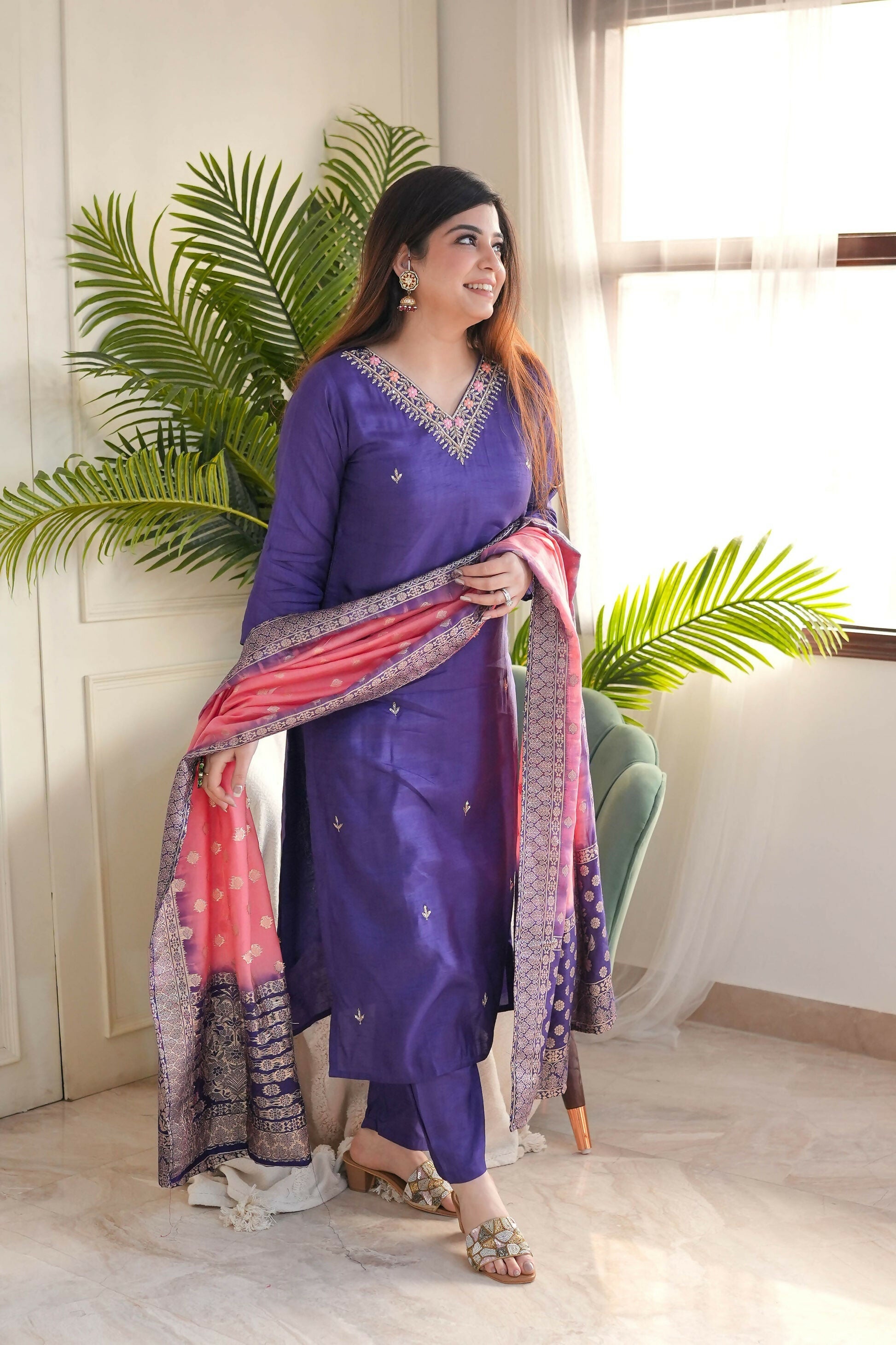 The52 Purple Women's Gorgeous Embroidered Vichitra Fabric Straight Kurta Pant with Dupatta Set