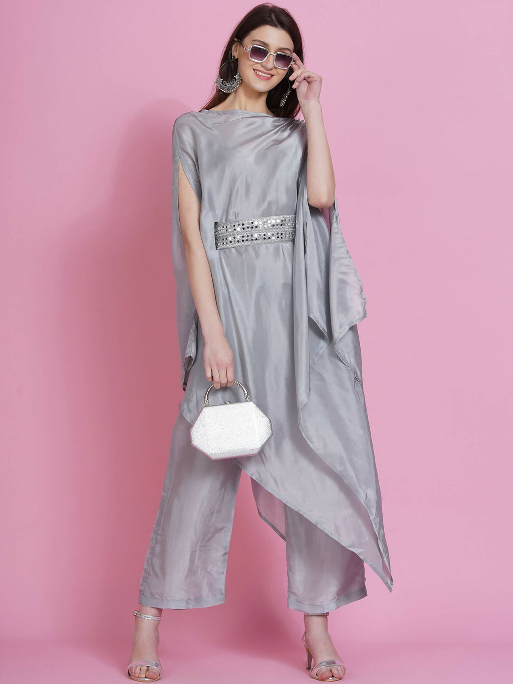 Women Republic Grey Opara Silk Kurta With Belt And Palazzo