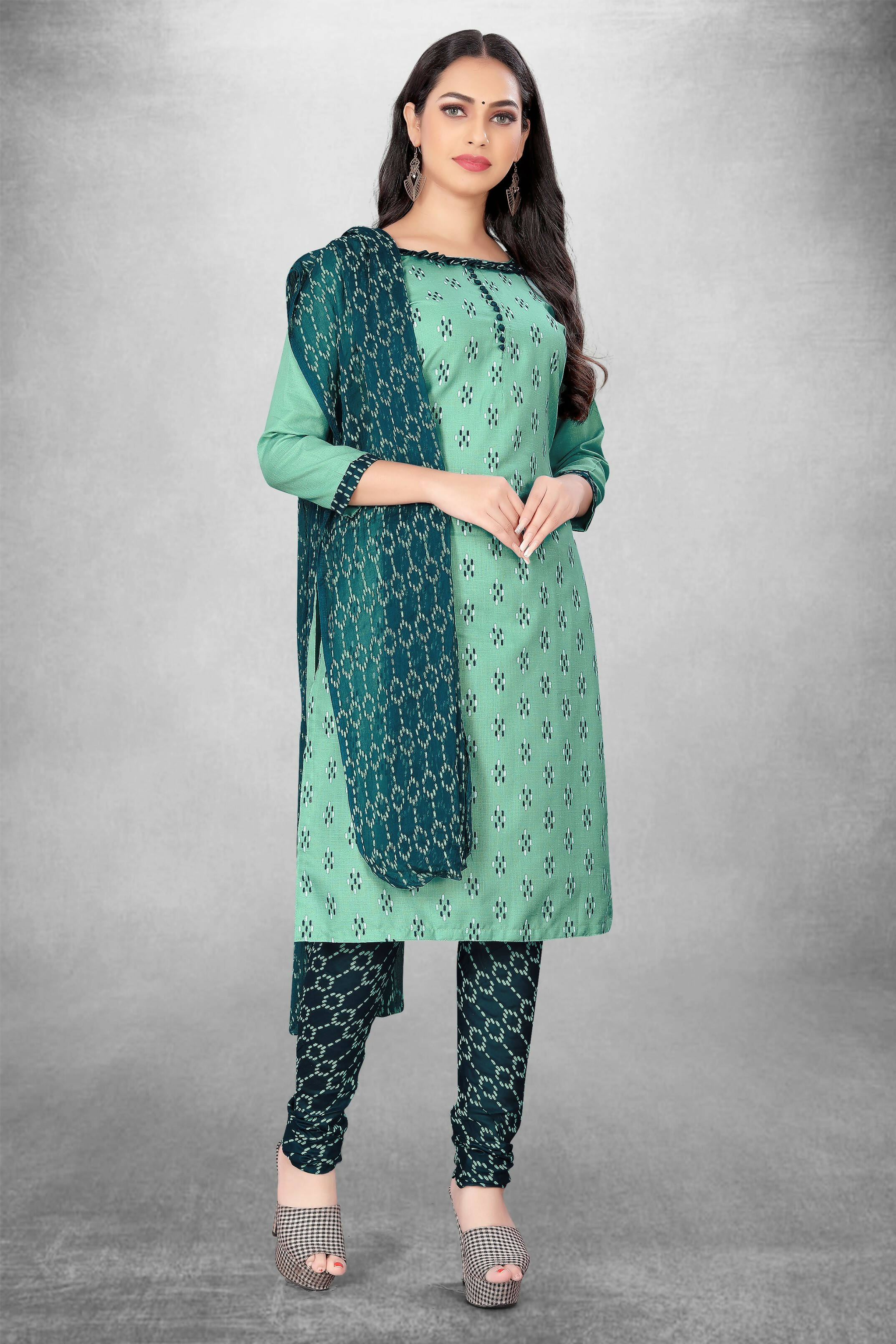 Sea Green Cotton Printed Unstitched Dress Material - Amara