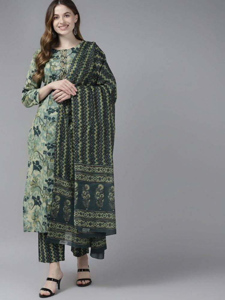 Yufta Women Teal and Beige Floral Dyed Pure Cotton Kurta with Palazzo and Dupatta