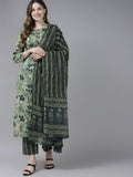 Yufta Women Teal and Beige Floral Dyed Pure Cotton Kurta with Palazzo and Dupatta