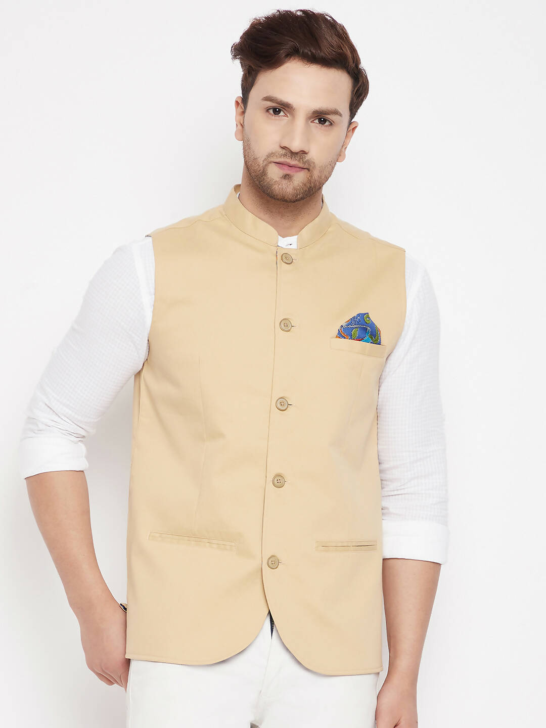 Even Apparels Beige Polyester Men's Nehru Jacket-Contrast Lining-Inbuilt Pocket Square