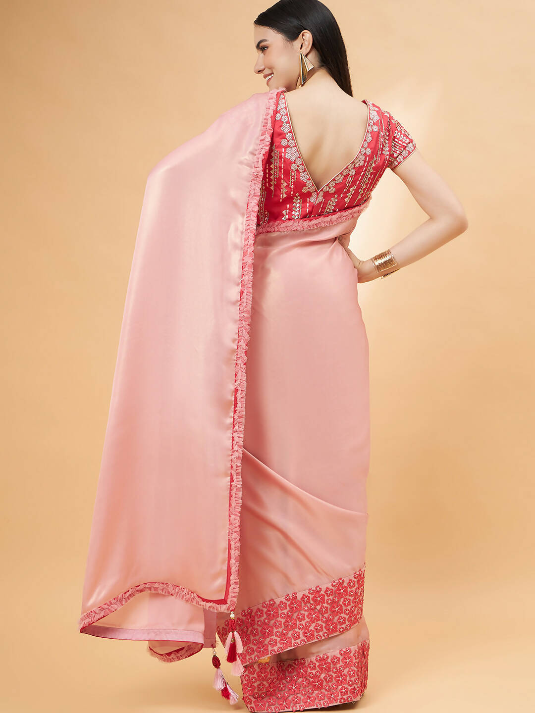 Light Pink Satin Georgette Laser Cut Floral Embroidery , Resham, Zari And Cord Embroidery Saree - Norita Hit Design