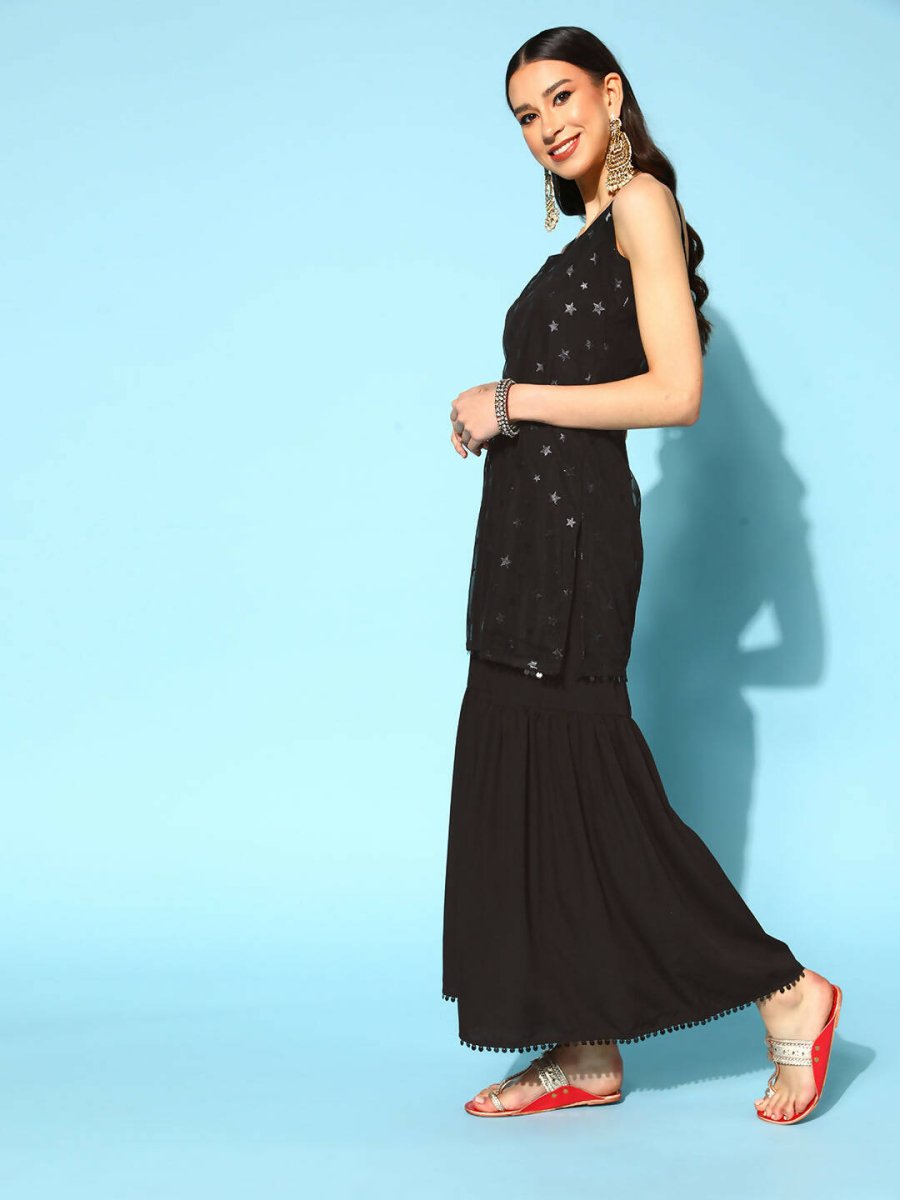 Ahalyaa Women Black Colour Crepe Foil Printed Kurta Sharara Set With Dupatta