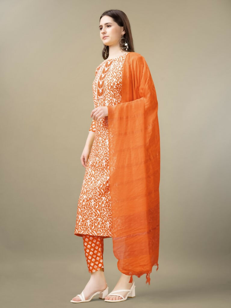 Jyoti Fashion Women's Orange Rayon Embroidery & Sequence work Kurta with Trouser & Dupatta